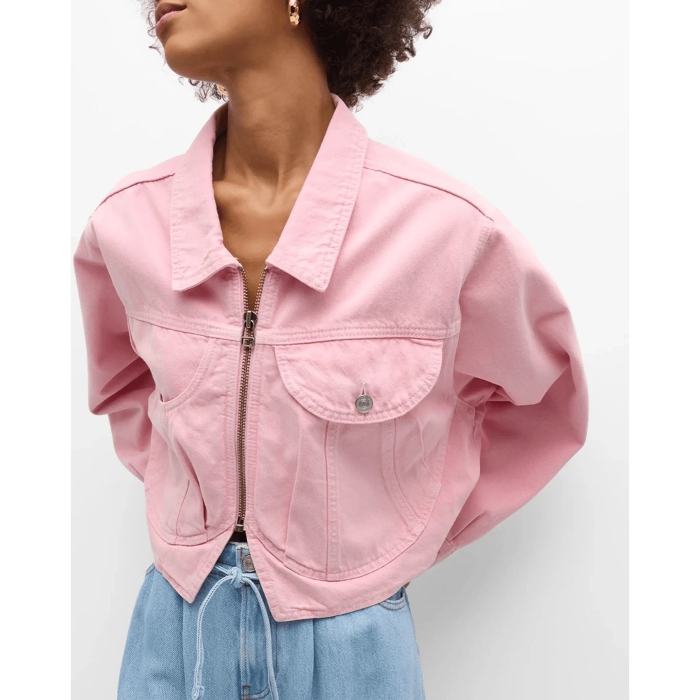 NWT FRAME Heart Jacket Washed Dusty Pink Denim‎ Zip Up Cropped Jean Jacket Large